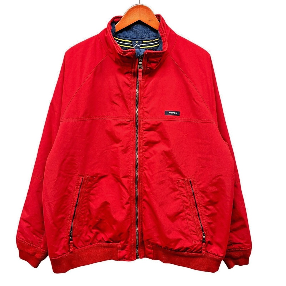 Lands' End Squall Bomber Jacket Mens XL Red Fleece Lined Warm Up Windbreaker